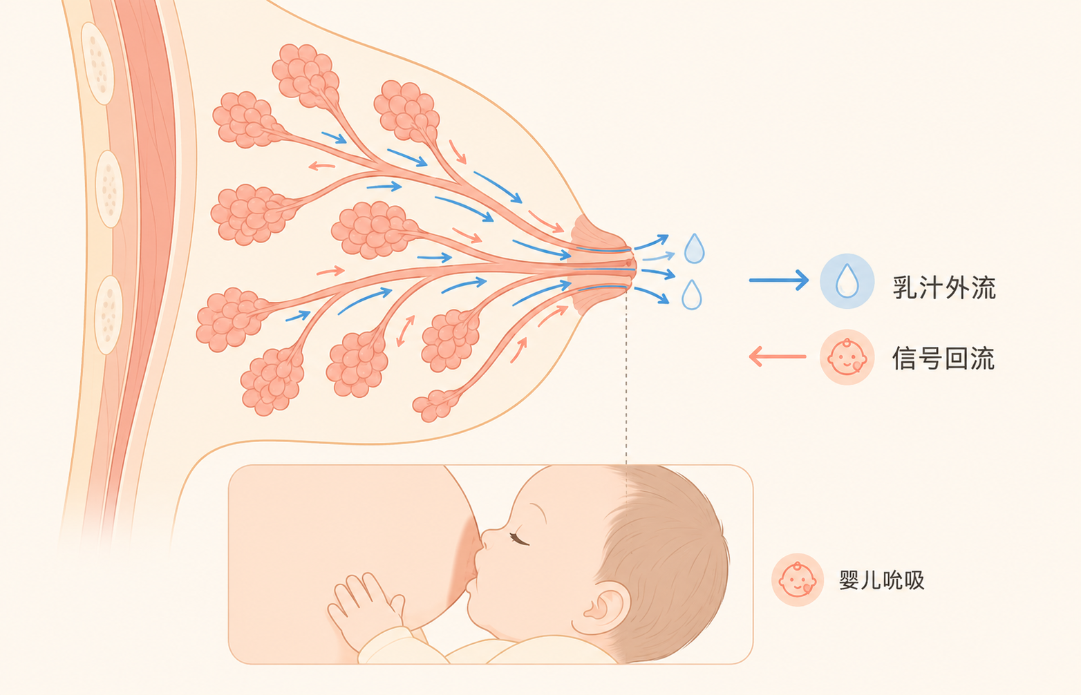 哺乳期乳腺导管逆向流动机制示意图